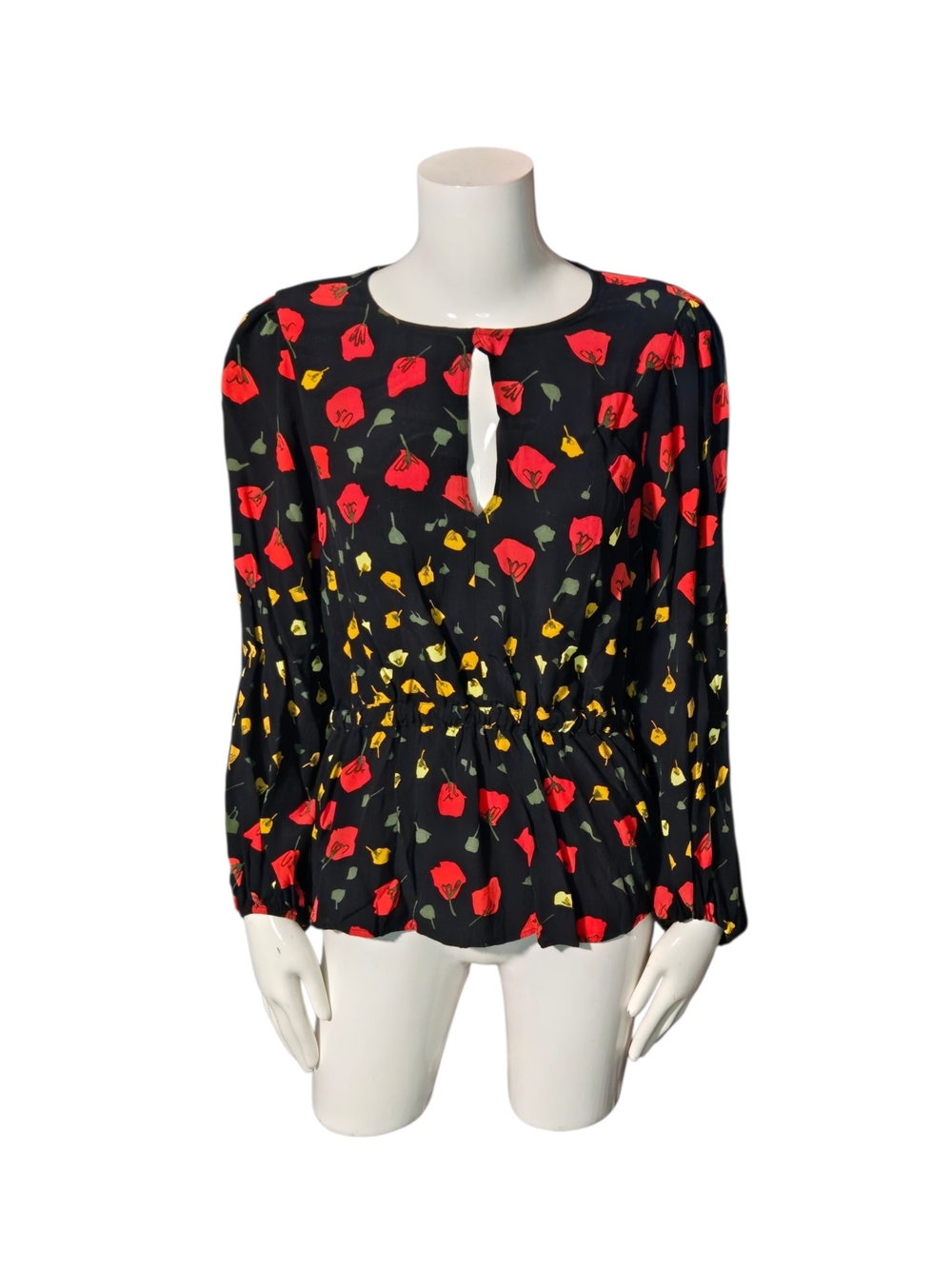Banana Republic Black Floral Keyhole Peplum Blouse with Red & Yellow Flowers